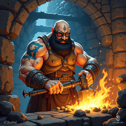 Meet Thraln, a male duergar artificer with striking tan skin and intricate blue rune tattoos adorning his bald head. Armed with mechanical devices and sharp goggles, he forges exceptional tools amid the sparks and echoes of his smithy, blending craftsmanship and magic effortlessly.