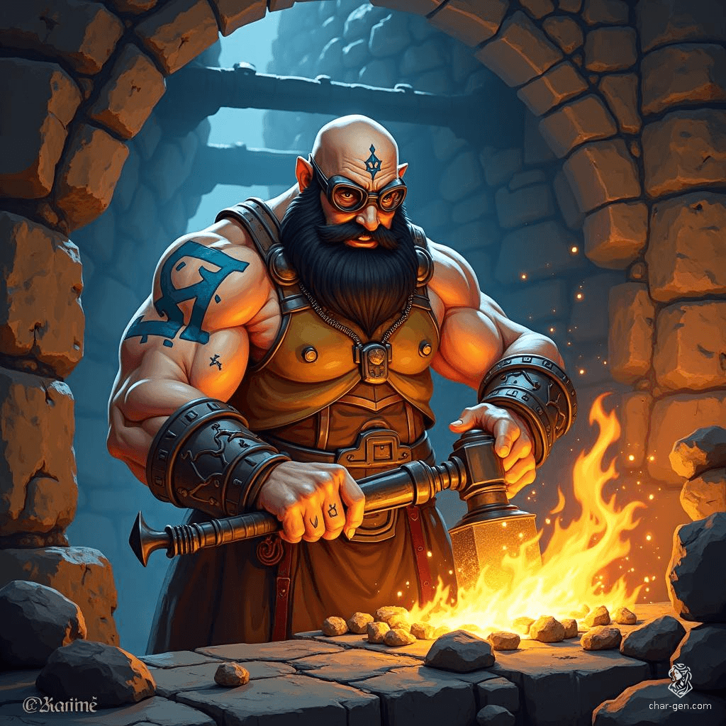Meet Thraln, a male duergar artificer with striking tan skin and intricate blue rune tattoos adorning his bald head. Armed with mechanical devices and sharp goggles, he forges exceptional tools amid the sparks and echoes of his smithy, blending craftsmanship and magic effortlessly.