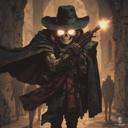The character is a enigmatic gunslinger, clad in a steampunk ensemble, embodying elements of noir with strong line art and bold colors. With dynamic contrasts and atmospheric storytelling, they navigate a world where historical, fantasy, cyberpunk, and western themes intertwine, illuminated by dramatic lighting and richly detailed environments.