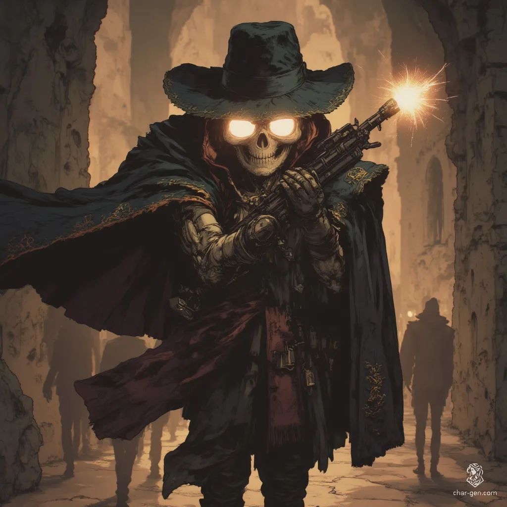 The character is a enigmatic gunslinger, clad in a steampunk ensemble, embodying elements of noir with strong line art and bold colors. With dynamic contrasts and atmospheric storytelling, they navigate a world where historical, fantasy, cyberpunk, and western themes intertwine, illuminated by dramatic lighting and richly detailed environments.