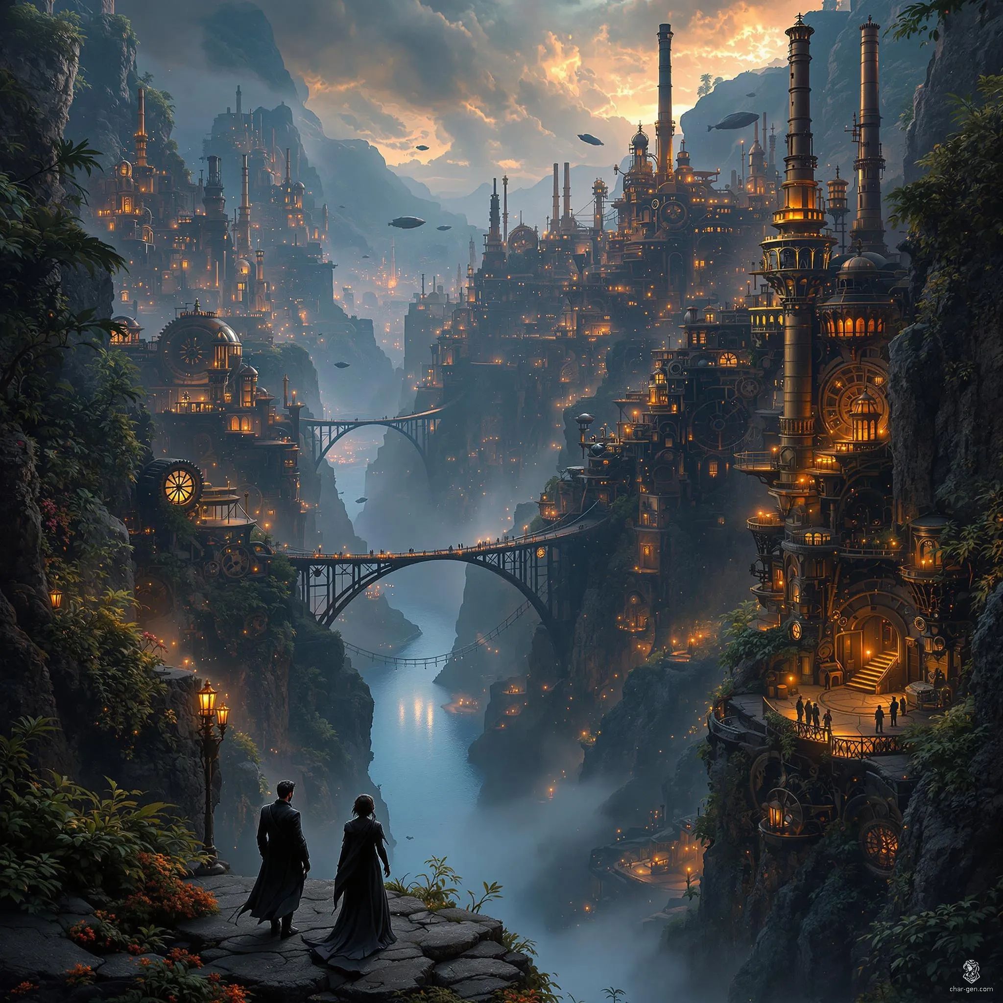 Amidst towering canyon walls, a vibrant Steampunk city thrives, its brass spires and copper bridges intertwining with lush greenery. A reflective river meanders below, illuminated by gas lamps casting eerie, warm glows. Mist swirls, merging industrial elegance with untamed nature, creating a hauntingly surreal atmosphere.