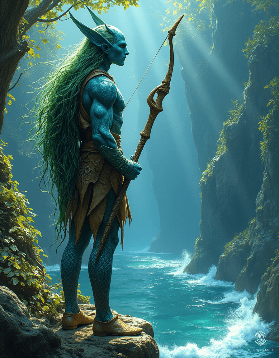 Kaelen, a striking male triton ranger, stands at a forest cliff, blending his aquatic heritage and woodland life. His deep sea-blue skin glitters like fish scales, complemented by kelp-green hair adorned with natural treasures. Agile and adaptive, he wields a driftwood bow, embodying the guardian of both sea and forest.