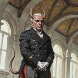 Torin, an ancient male tiefling butler, bears the weight of countless secrets within his impassive, drawn features. His once-vibrant red skin has faded, and his meticulously coiffed white hair contrasts sharply with his dark tailcoat. Time has dulled his spirit, making him a ghost of loyal service in the shadows of a wealthy family's estate.