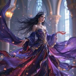 An ethereal figure of regal grace, she hovers midair in dark blue and violet arcane robes adorned with gold trim and wispy, magical edges. Her long, dark hair flows like a shadow, accentuating her calm, commanding expression beneath a sharp silver-blue crown. Her poised hand, adorned in gold, and the robe's red glow exude a mystical, queenly aura, enveloped in an ethereal, white background.