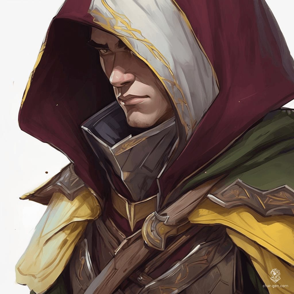 A striking Elf male gazes out from beneath a deep burgundy, hooded cloak adorned with subtle yellow detailing. His hood partially conceals the glint of his armor, casting an air of mystery and quiet strength.