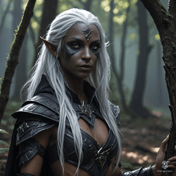 A confident female dark elf fighter with dark grey skin and distinct tan undertones, wields various weapons. She has wavy, long white hair and striking purple eyes. Her poised stance reflects her formidable prowess in combat.