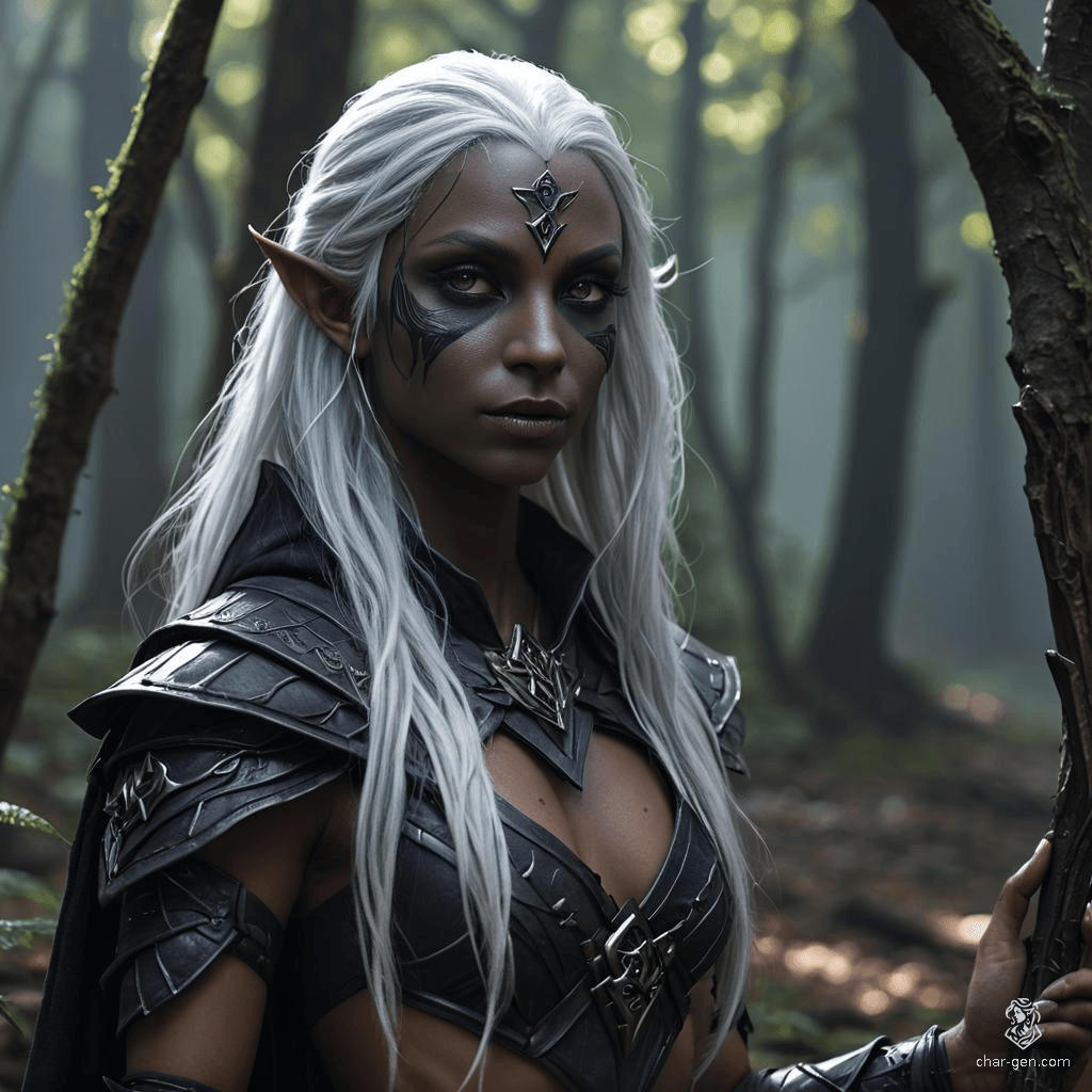 A confident female dark elf fighter with dark grey skin and distinct tan undertones, wields various weapons. She has wavy, long white hair and striking purple eyes. Her poised stance reflects her formidable prowess in combat.
