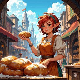 Meet Elowen, the Flour Mage. In her cozy bakery, she conjures magic with every loaf, her hands dusted with flour. Surrounded by glowing ovens and the sweet aroma of freshly baked bread, she weaves enchantments into her creations, bringing warmth and joy to all who enter.