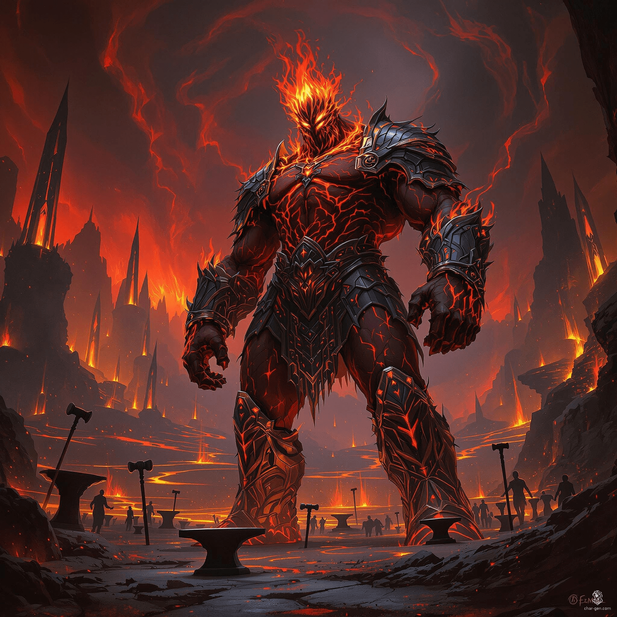 A wild and rugged barbarian fire giant stands as a formidable guardian of nobility, their immense stature and fiery, red-skinned presence radiating power. Intense, glowing eyes peer over suits of armor amidst hammers and anvils, as they expertly craft protective gear in a blazing armory, embodying both strength and skill.