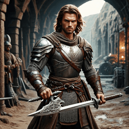 Errkin is a confident, very strong human fighter with a hardy demeanor. He wields a prominently featured longsword and a variety of other weapons. Clad in intricately detailed chain mail, his medium build and visible human features exhibit his formidable presence in battle.