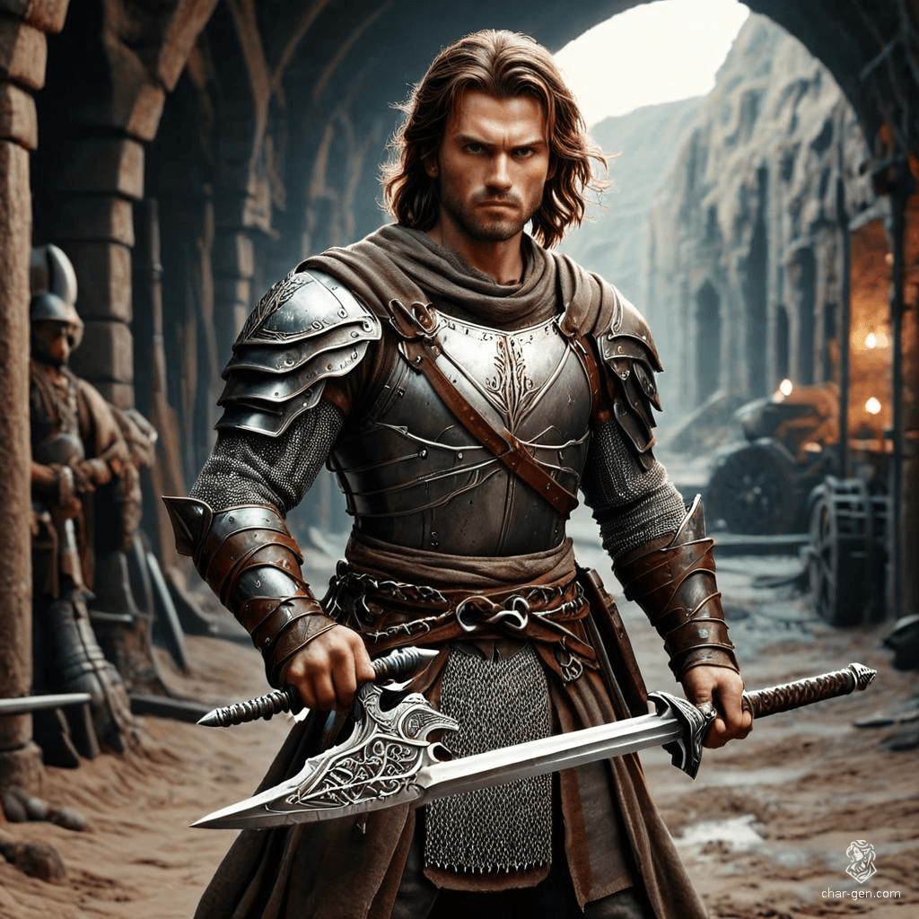 Errkin is a confident, very strong human fighter with a hardy demeanor. He wields a prominently featured longsword and a variety of other weapons. Clad in intricately detailed chain mail, his medium build and visible human features exhibit his formidable presence in battle.