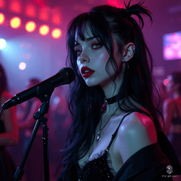 A 21-year-old pale-skinned vampire singer with long black hair and striking green eyes. Adorned in modern alternative fashion, she captivates audiences with her hauntingly beautiful voice, her ethereal appearance intensifying her enigmatic allure.