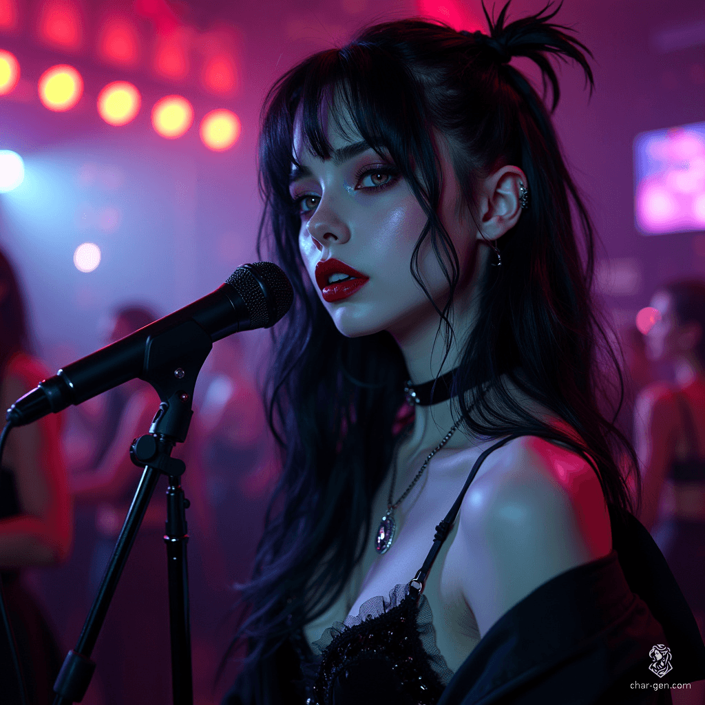 A 21-year-old pale-skinned vampire singer with long black hair and striking green eyes. Adorned in modern alternative fashion, she captivates audiences with her hauntingly beautiful voice, her ethereal appearance intensifying her enigmatic allure.