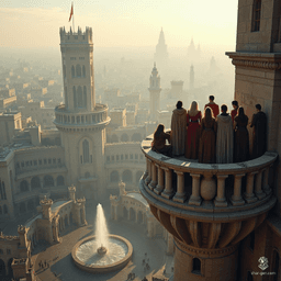 In a towering city, a gathering of Gallic figures share a tranquil winter moment on a lofty balcony. Below, noble war veterans listen to the haunting lament of a long-haired bard, weaving tales of valor amid the echoes of a bustling metropolis.