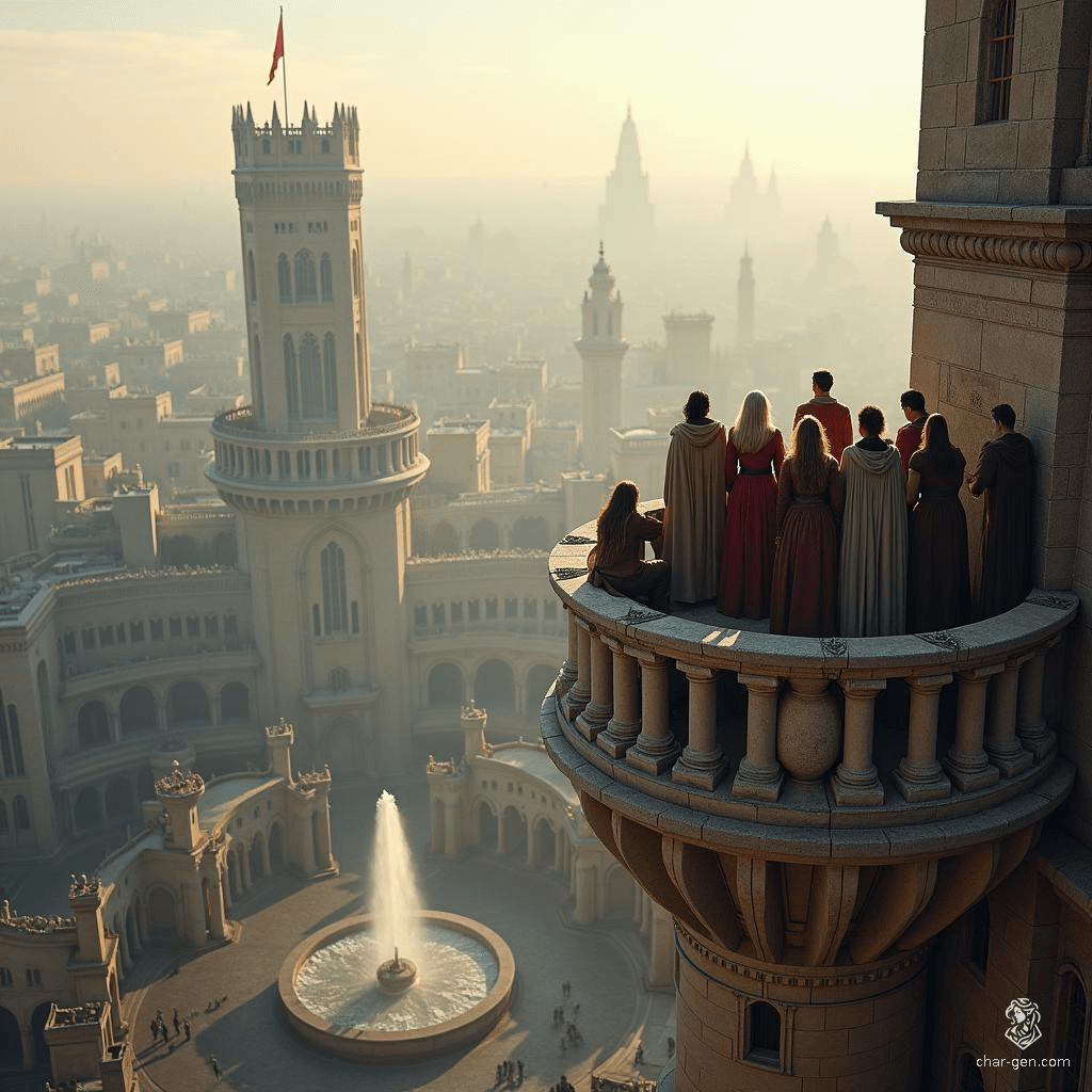 In a towering city, a gathering of Gallic figures share a tranquil winter moment on a lofty balcony. Below, noble war veterans listen to the haunting lament of a long-haired bard, weaving tales of valor amid the echoes of a bustling metropolis.