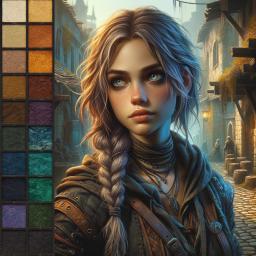 A young, agile female rogue navigates the shadows with ease, her long, dirty blonde braid trailing behind her. Dressed in dark, tattered clothes, her medium skin glows subtly in the dim light, marking her as a resourceful thief from the streets, always ready to outsmart her foes.