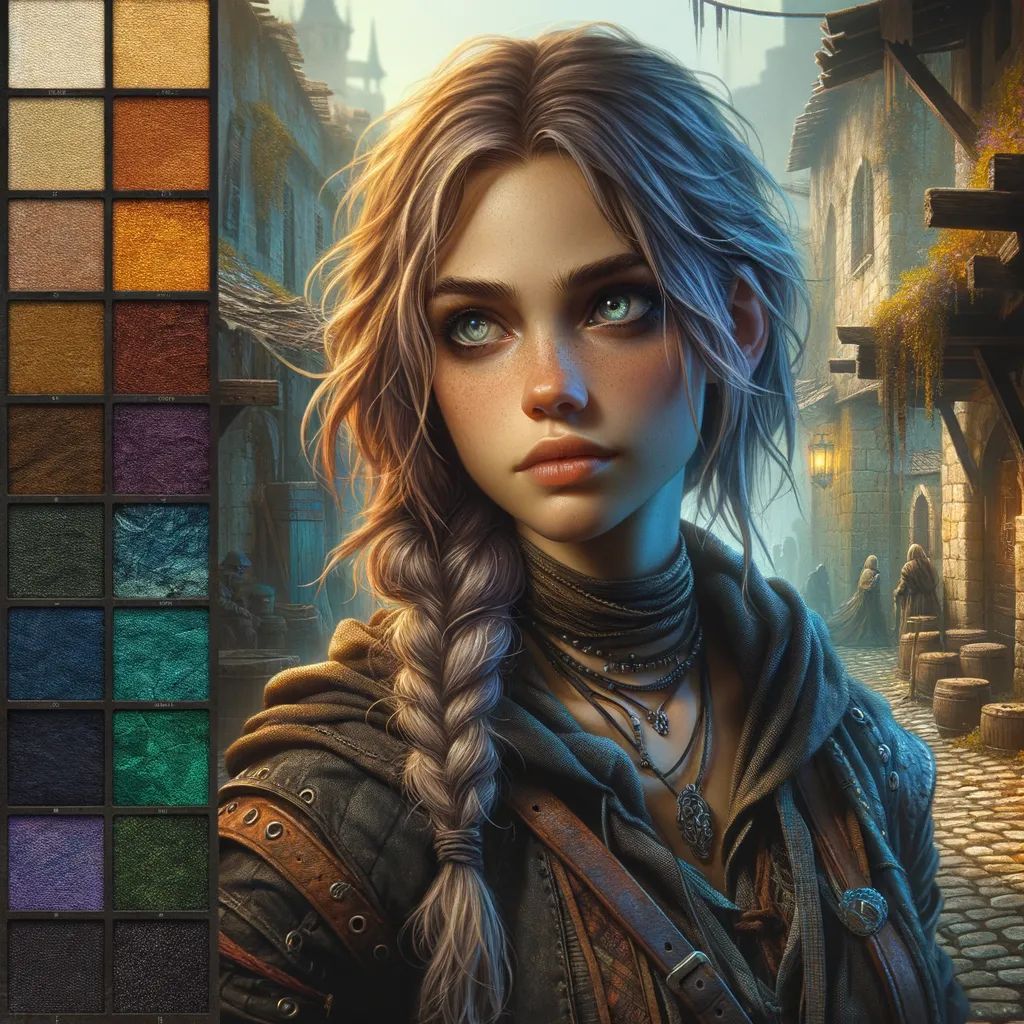 A young, agile female rogue navigates the shadows with ease, her long, dirty blonde braid trailing behind her. Dressed in dark, tattered clothes, her medium skin glows subtly in the dim light, marking her as a resourceful thief from the streets, always ready to outsmart her foes.