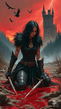 In a gritty 1970s dark fantasy style, a deadly female warrior clad in raven-feathered black armor kneels in a blood-soaked field, glaring at an approaching horde. Twin swords crossed, rain matted wild hair, and ravens circle ominously. A decaying castle looms under a blood-red sky.