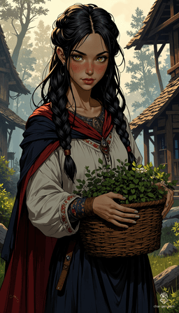 A serene yet resilient Slavic peasant woman, characterized by her braided chestnut hair and warm brown eyes. Adorned in a traditional linen shirt with vibrant embroidery, she carries a basket of wild herbs amidst a fog-laden village. Her presence embodies both simplicity and strength in a mystical, gothic setting.