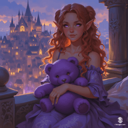 In a dreamlike medieval realm, a mischievous half-elf girl with vibrant purple eyes and freckled porcelain skin sits on her ornate bed. Adorned in a frilly purple dress and clutching a large teddy bear, her curly red hair dances in warm, atmospheric light as she gazes out over the bustling city.
