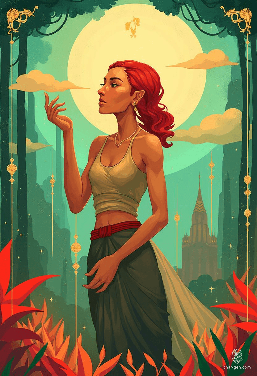 Keyleth, a socially awkward half-elven druid of the Ashari tribe, wields profound wisdom despite her petite stature. With bold cherry-red hair and earthy animal companions, she masters air manipulation and beast shaping, embarking on a journey to prove her leadership among Tal’Dorei's elemental realms.