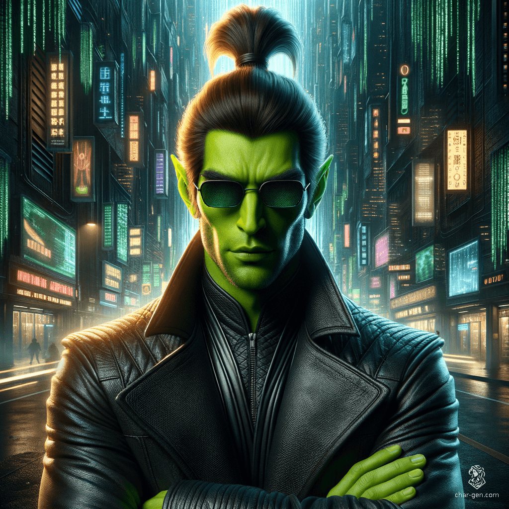 The tall, gaunt male Githzerai, with rough light green skin and a Voldemort-like skull nose, stands with a calm expression and fluid posture. His light green skin contrasts sharply with russet hair tied in a high ponytail. Donning a long black leather coat and sunglasses, he exudes a monk's serene confidence with arms crossed.