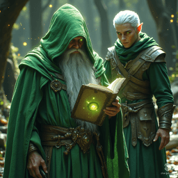 The green-robed wizard clutches a mysterious, closed tome, its secrets untold. Behind him strides a sharp-eyed elf ranger, adorned in sleek leather armor. With his short white hair and eye patch, he exudes an air of confidence and hidden tales, ready for adventure.