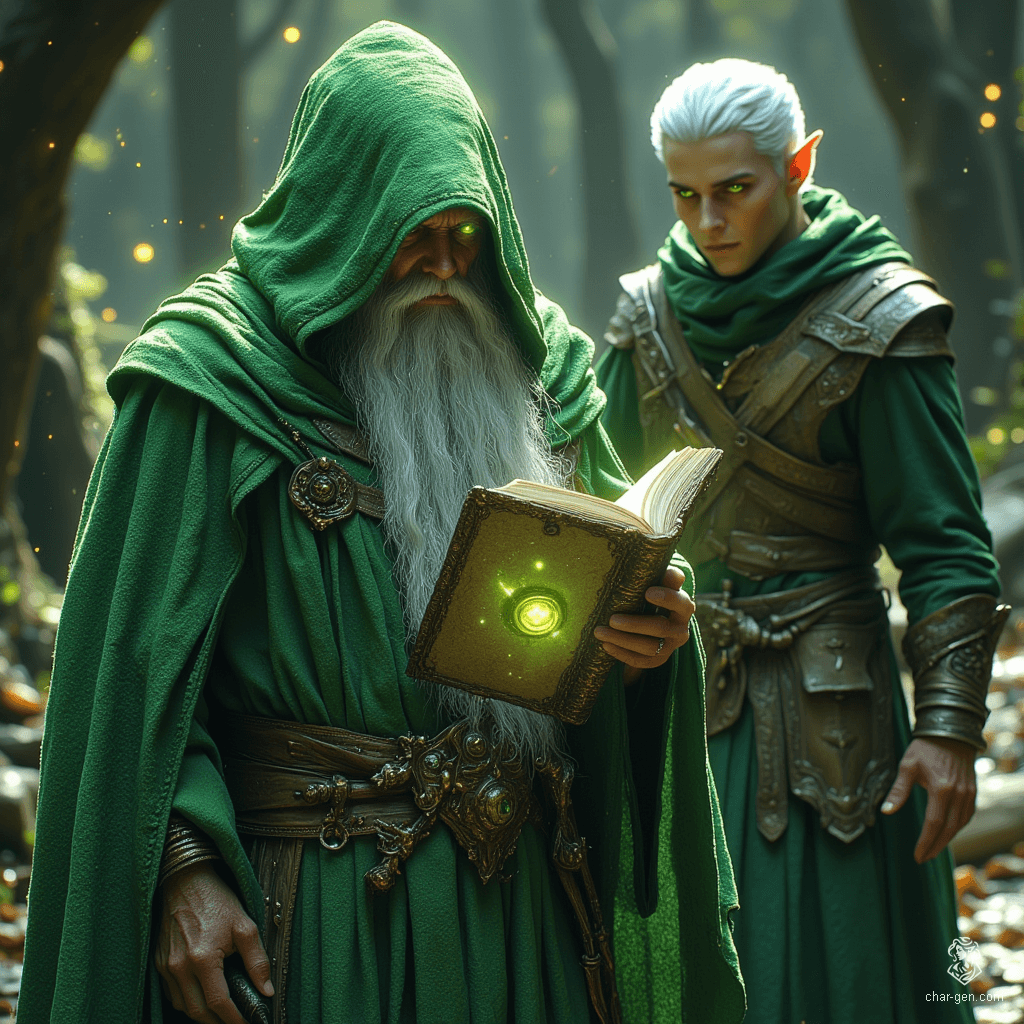 The green-robed wizard clutches a mysterious, closed tome, its secrets untold. Behind him strides a sharp-eyed elf ranger, adorned in sleek leather armor. With his short white hair and eye patch, he exudes an air of confidence and hidden tales, ready for adventure.