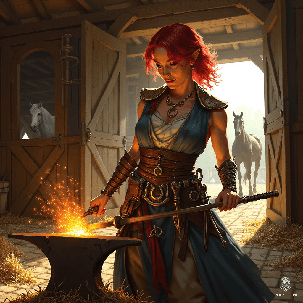 A skilled female farrier with athletic build and tan skin, she forges tools amidst bright sparks and the rhythmic clang of hammer on anvil. Her bold cherry-red hair contrasts with the mystical horseshoe amulet she wears, while her loyal horse stands proudly in the background.