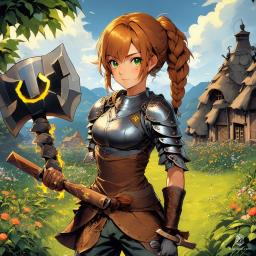 A petite, athletic farmer with a radiant reddish-blonde braid, this young woman pairs her practical chain mail and leather attire with a powerful two-handed war hammer. Her tanned, freckled skin and enchanting green-yellow eyes light up with magic, with glowing arm tattoos that reveal her mystical prowess.