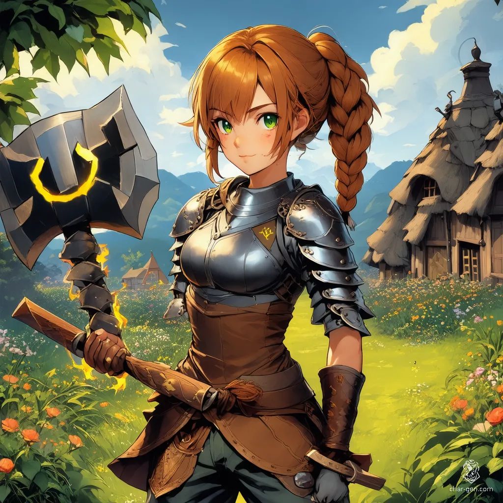 A petite, athletic farmer with a radiant reddish-blonde braid, this young woman pairs her practical chain mail and leather attire with a powerful two-handed war hammer. Her tanned, freckled skin and enchanting green-yellow eyes light up with magic, with glowing arm tattoos that reveal her mystical prowess.