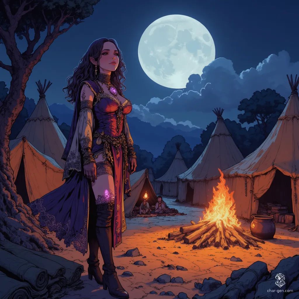 A charming Halfling bard, standing just 3 feet tall, captivates campers with her melodious lute. With her long, light brown curls and a cheerful smile, she wears a low-hemmed bodice adorned with intricate lace and dark leather. A glowing pink pendant hints at hidden magic as she entertains beneath a luminous full moon.