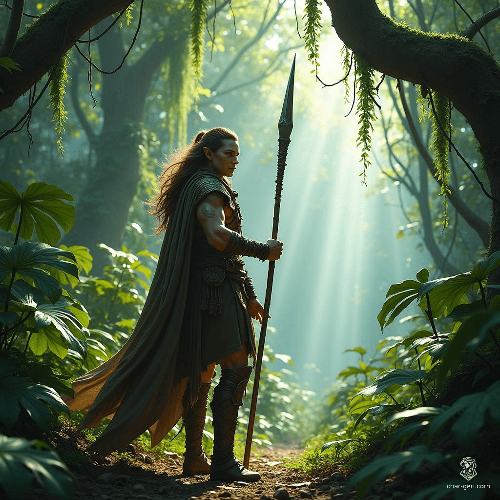 A Spiritborn Druid and agile warrior, this 25-year-old Wood Elf wields a glaive with grace. Adorned in intricate hides, he summons powerful spirit guardians from the jungle—eagles, jaguars, and gorillas—channeling their strength and wisdom in both combat and nature’s defense.