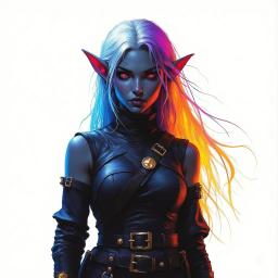 A strikingly attractive dark elf in her thirties, she boasts coal-black skin that contrasts beautifully with her flowing white hair. Dressed in simple black monk clothing, she is adorned with vibrant Gulal powder, creating a mesmerizing explosion of color against her neutral expression and piercing gaze.