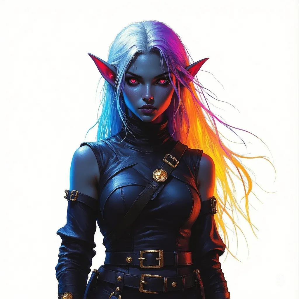 A strikingly attractive dark elf in her thirties, she boasts coal-black skin that contrasts beautifully with her flowing white hair. Dressed in simple black monk clothing, she is adorned with vibrant Gulal powder, creating a mesmerizing explosion of color against her neutral expression and piercing gaze.