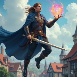 Jandaar, a mystical male elf hovers majestically over a medieval village, donning ornate elven chainmail and a navy cloak that billows in the wind. With glowing blue eyes and an elven sword in hand, he conjures a vibrant magical sigil, embodying the essence of fantasy and adventure.