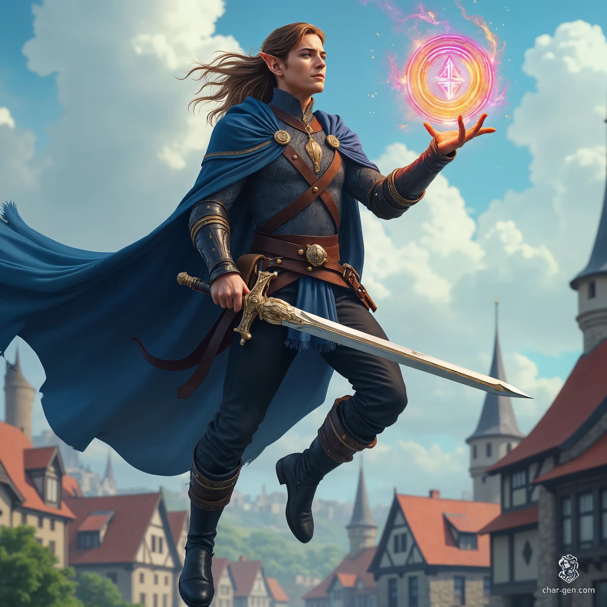Jandaar, a mystical male elf hovers majestically over a medieval village, donning ornate elven chainmail and a navy cloak that billows in the wind. With glowing blue eyes and an elven sword in hand, he conjures a vibrant magical sigil, embodying the essence of fantasy and adventure.