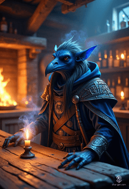 Krackle Brightbeak is a charming, short, avian sorcerer with a distinctive blue skin and raven-like features. Standing at just 3'9", he wields a quarterstaff, adorned in a magical, illusion-shifting cloak, embodying both stealth and unpredictable magic. A skilled spy, he's as hardy as he is intelligent.
