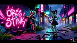 In a shadowy, gritty alley of a futuristic city, two punk-styled young female elves exude rebellious charm. With vibrant, multicolored ponytails, one leans against a grimy brick wall, while the other feverishly spray paints "Orcs Stink" in bold pink, capturing their defiant spirit.