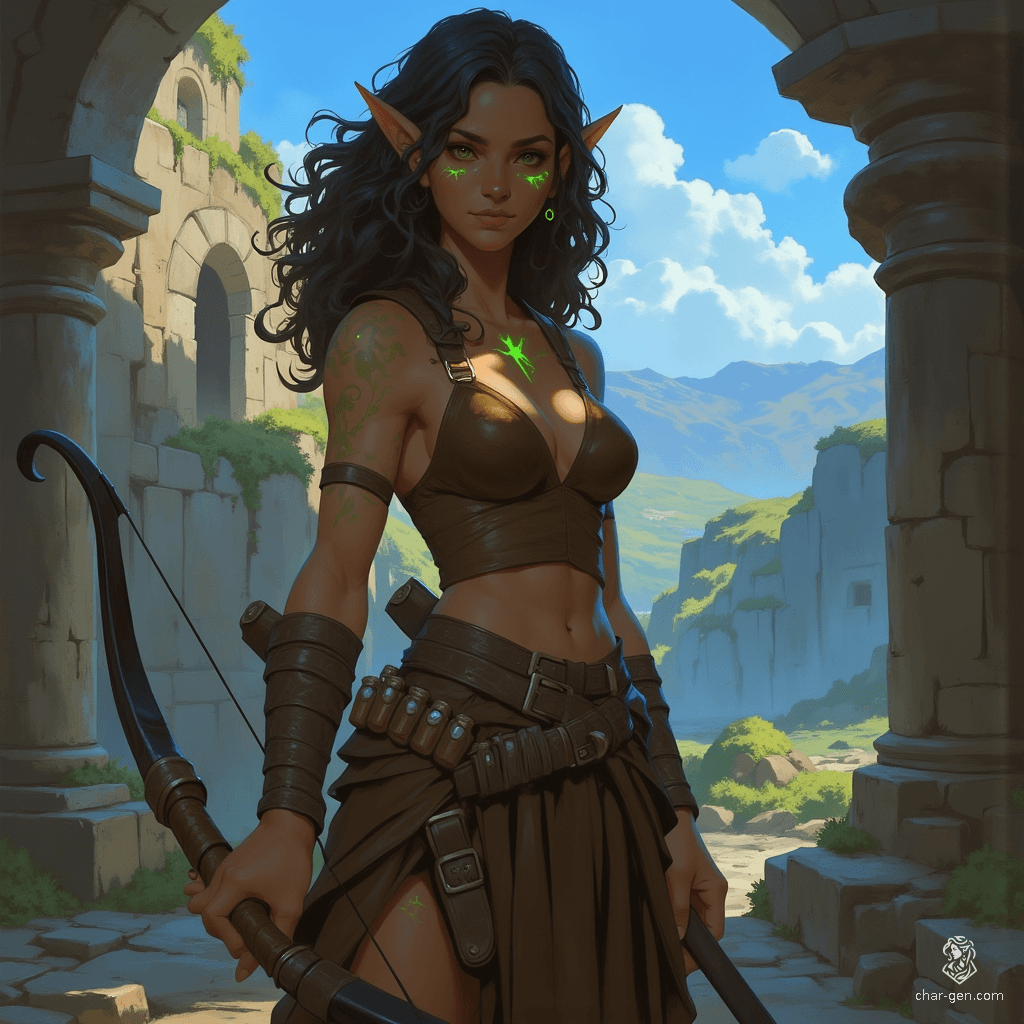 Izzy, a newly emancipated halfling assassin, is a master of stealth and precision. With medium-toned skin adorned with emerald scales, bright reptilian eyes, and curly hair, she embodies grace and danger. Dressed in practical brown armor, she wields a heavy crossbow, exuding competence and a thrill for the hunt.
