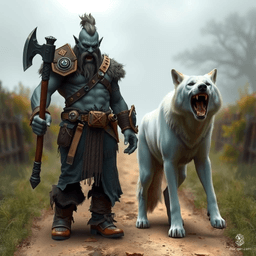 A tall orc barbarian with dark grey skin, blue eyes, and a top knot grips a large battle axe, his face contorted in rage. Beside him stands a fierce white wolf, fangs bared, poised to strike.