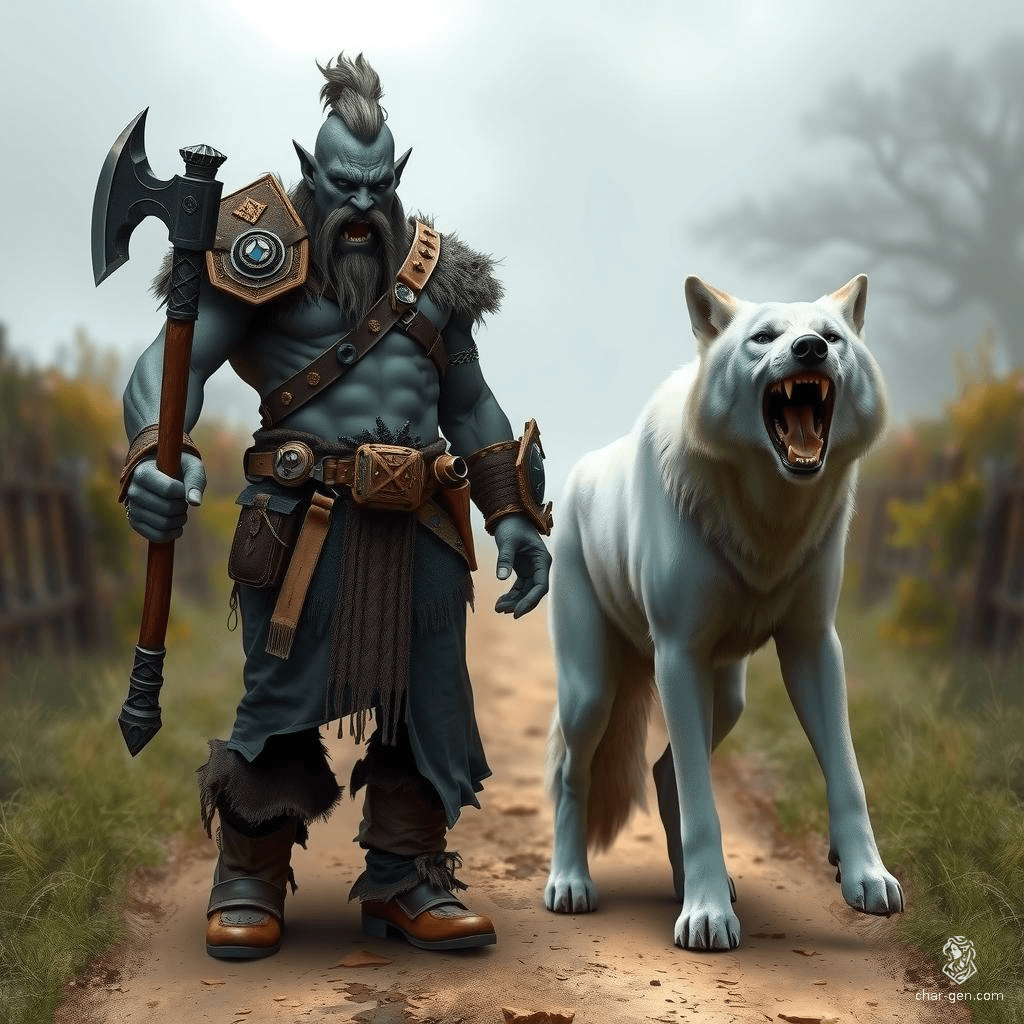 A tall orc barbarian with dark grey skin, blue eyes, and a top knot grips a large battle axe, his face contorted in rage. Beside him stands a fierce white wolf, fangs bared, poised to strike.