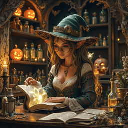 Maryam is a wise, quirky elven apothecary witch, her graceful figure adorned in practical, renaissance-style attire. With tanned skin, whimsical glasses, and soft, greying hair, she embodies warmth and curiosity, engrossed in arcane tomes amidst her cozy, herb-filled lab. A playful ghostly spider familiar hovers close by.
