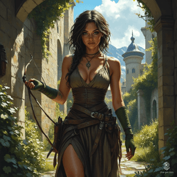 Izzy, a newly emancipated halfling assassin, embodies grace and danger. With medium-toned skin adorned with shimmering green scales, her piercing reptilian eyes hint at her deadly precision. Clad in practical brown armor, she expertly readies her heavy crossbow, exuding a mix of competence and thrilling malice as she awaits her next target.