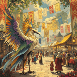 Amidst the bustling medieval village festival, the aarakocra cleric stands serene, adorned with a prominent holy symbol. Their intricate feathers shimmer in the torchlight as they offer blessings, while joyful minstrels play nearby. With taloned hands raised in prayer, this winged guardian inspires unity among the revelers.