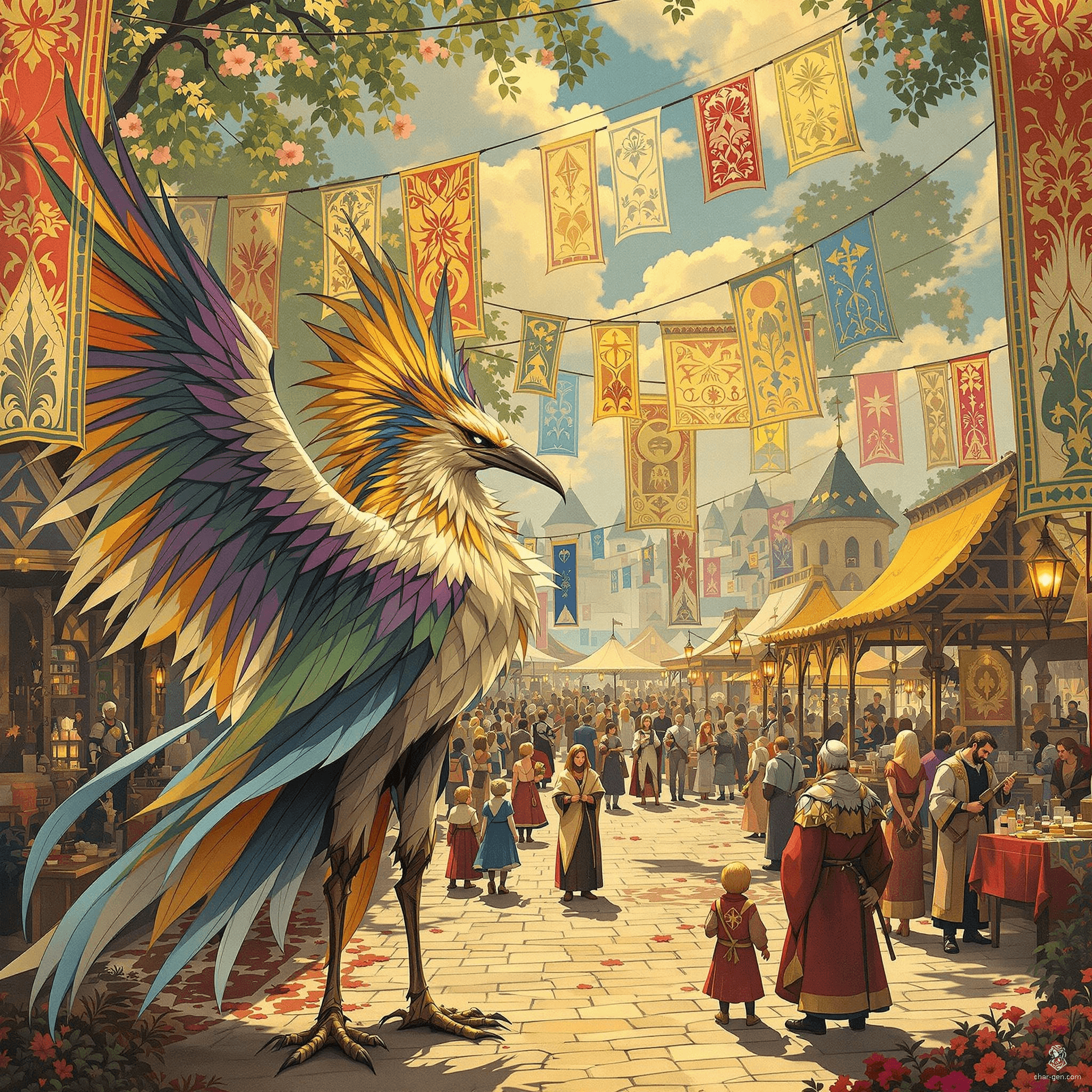 Amidst the bustling medieval village festival, the aarakocra cleric stands serene, adorned with a prominent holy symbol. Their intricate feathers shimmer in the torchlight as they offer blessings, while joyful minstrels play nearby. With taloned hands raised in prayer, this winged guardian inspires unity among the revelers.