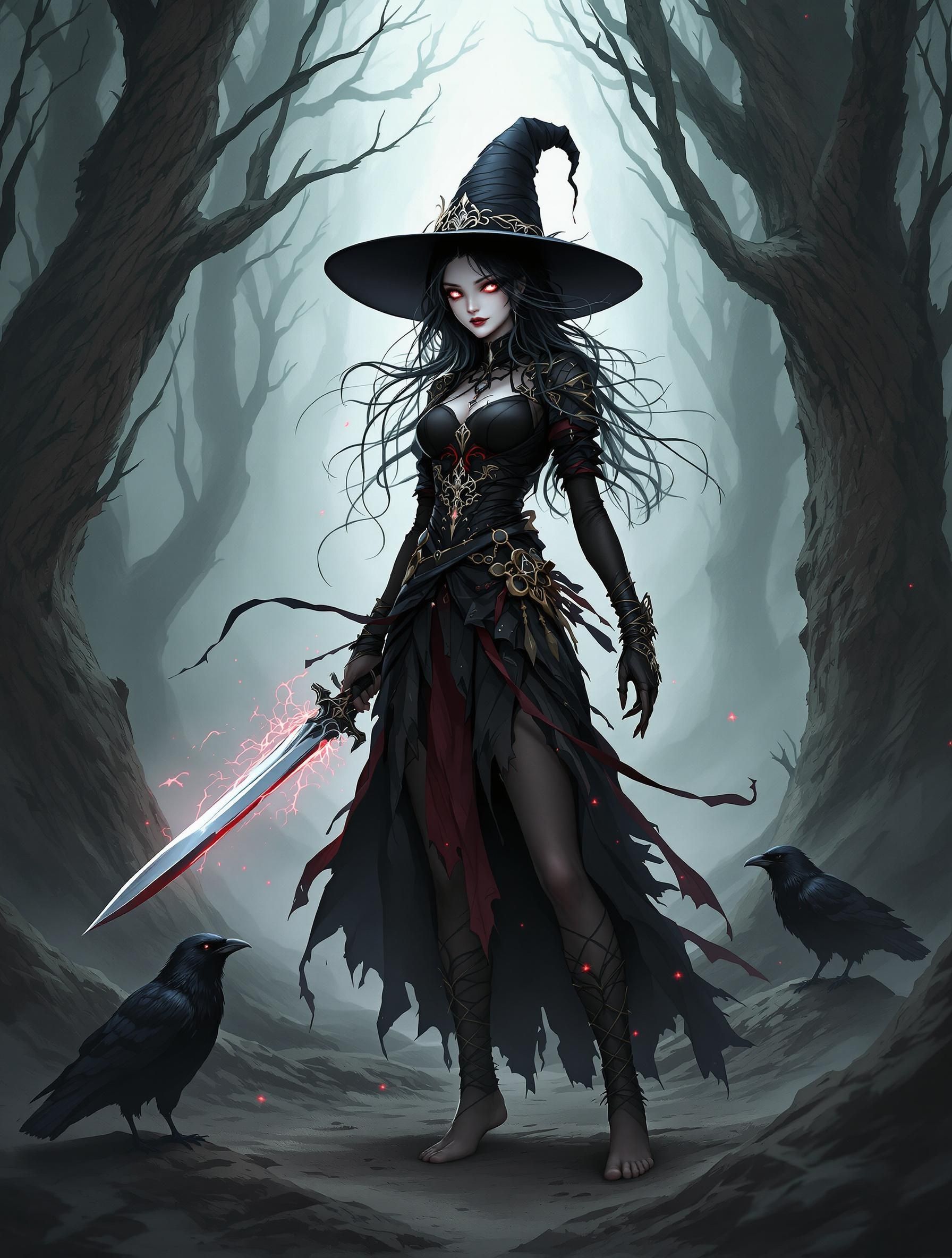 Branwen Umbra, a 230-year-old Umbral Human, embodies the duality of light and darkness. With alabaster skin shimmering like moonlight, flowing onyx hair, and swirling silver-black eyes, she wields a scythe and is often accompanied by two ravens. Once a captive in the Feywild, she now seeks solace and purpose as a wise cleric, balancing her past with a divine mission.
