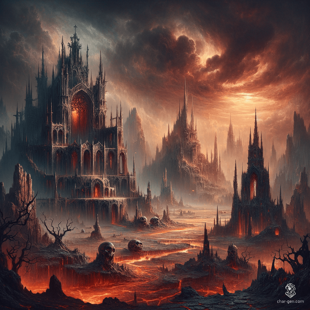 An apocalyptic hellscape unfolds, shrouded in a dark, muted palette. Gothic ruins rise amidst a sea of shadows and eerie mist, detailed with intricate patterns and textured backgrounds. Dramatic lighting casts deep contrasts, illuminating the twisted remnants of a world lost to despair with ghostly precision.