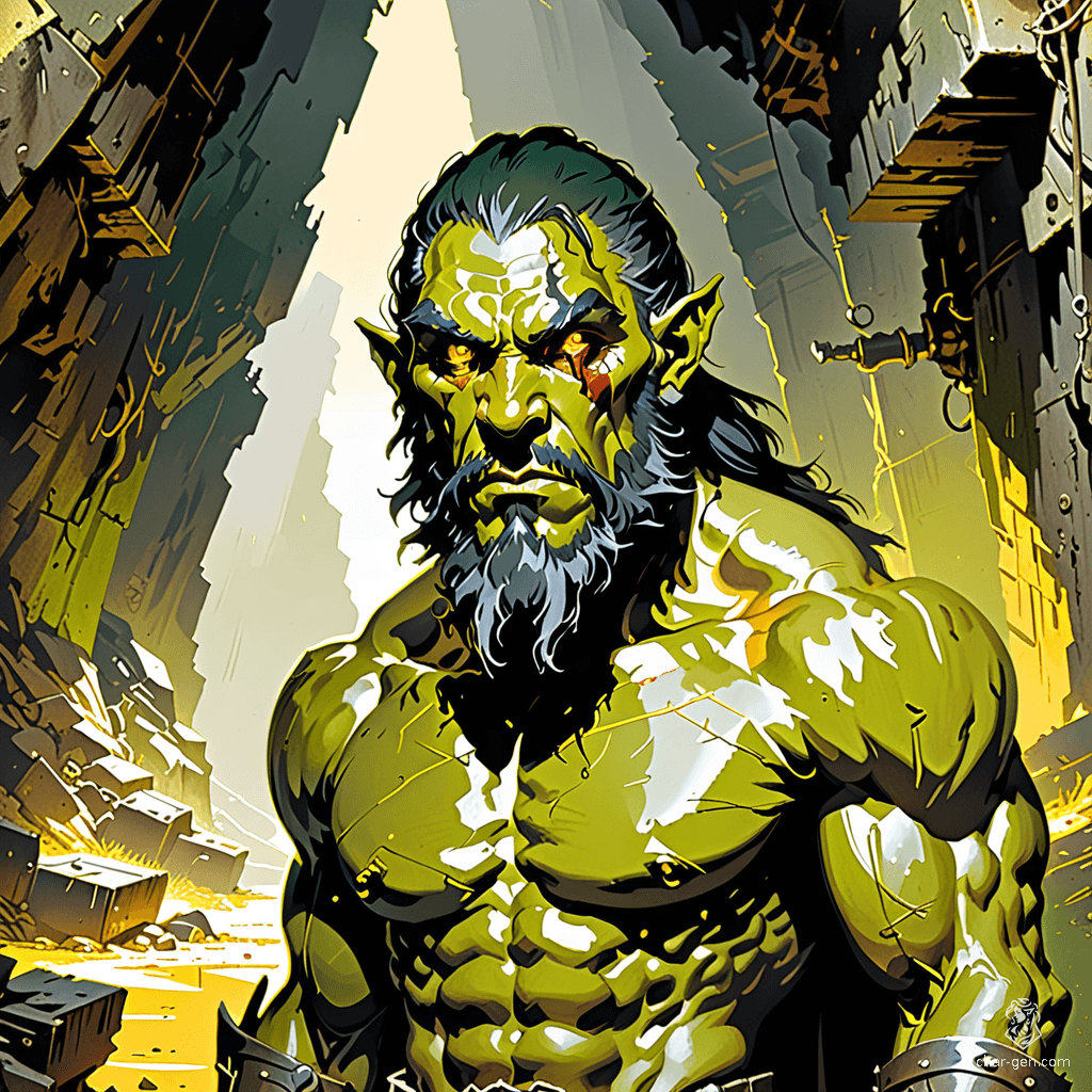 Arturo Gatti, a rugged half-orc barbarian, stands 6'0" with olive green skin and greying black hair. A criminal spy with fading gold eyes, he wields a pike with strength but struggles with intelligence. Driven by a quest for retribution, his vulnerability to city vices haunts him.