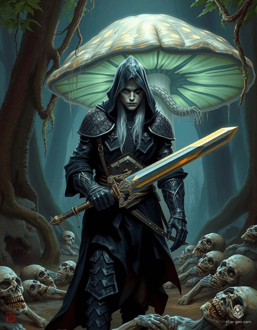 A male Drow, clad in dark clothing and adamantine scale mail, wields an adamantine longsword. A beaked hood partially hides his white hair and ebony tattooed eye. Walking through the Underdark beneath a glowing mushroom, he surveys numerous corpses strewn around him.